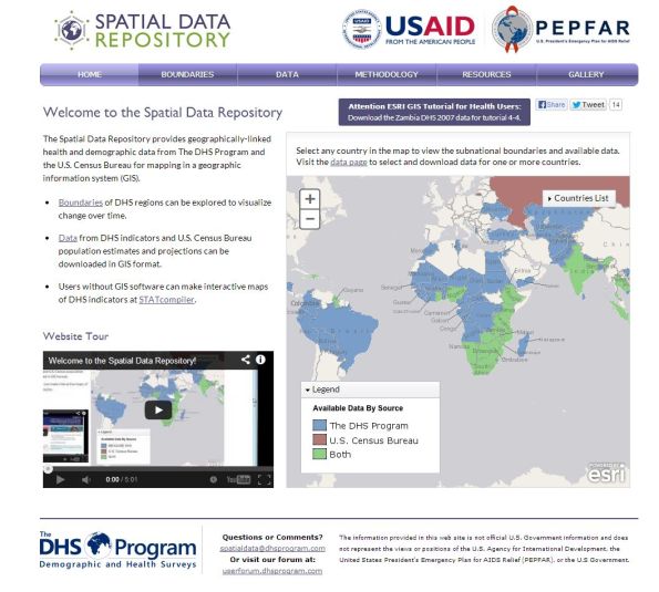 The Spatial Data Repository provides health and demographic data from The Demographic and Health Surveys Program and the U.S. Census Bureau.
